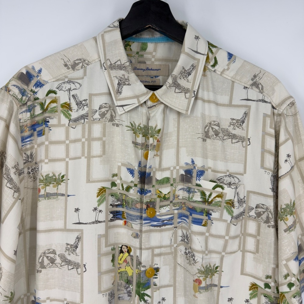 Tommy Bahama Mens Silk Hawaiian Shirt Medium Original Fit Tan Tropical Hula Girl